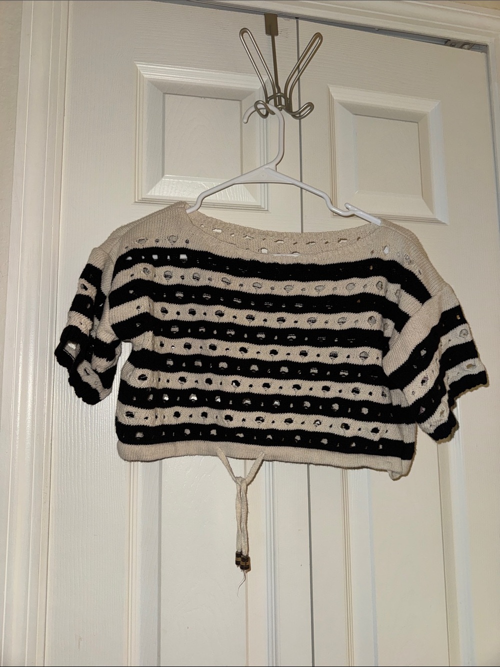 Cropped Boho Knit Stripe Top - Cream & Black